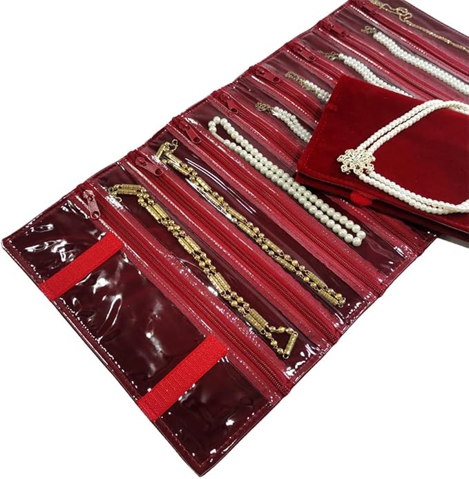 Travel Jewelry Roll Bag Portable Organizer Pouch With Grids&PVC Cover Storage Bags for Necklace, Bracelet, Bracelet,Ring, Badge, Pendant