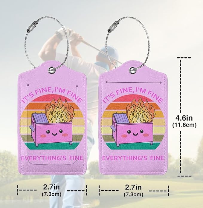 2 Pack Luggage Tags for suitcases Cute Pink Trash on fire I'm Fine It's Fine Luggage Tag, Leather Stainless Steel Loop Label Tag for Men Women Travel Bag Suitcase(Pink Trash)