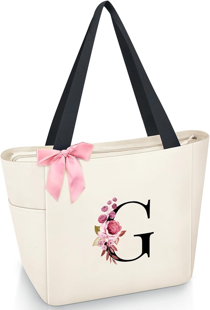 Vavabox Tote Bag, A-Z Initial Monogrammed Waterproof Tote Bag, Bridesmaid Gifts for Women, Black and Pink