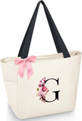 Vavabox Tote Bag, A-Z Initial Monogrammed Waterproof Tote Bag, Bridesmaid Gifts for Women, Black and Pink