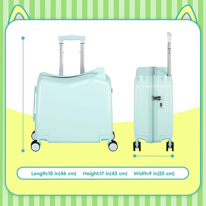 smilesun 20" Ride-On Travel Suitcase for Kids, Cute Ear Toddler Carry on Luggage with Spinner Wheels, Children Rolling Trolly Luggage with Combination Lock (Green NO Rope)