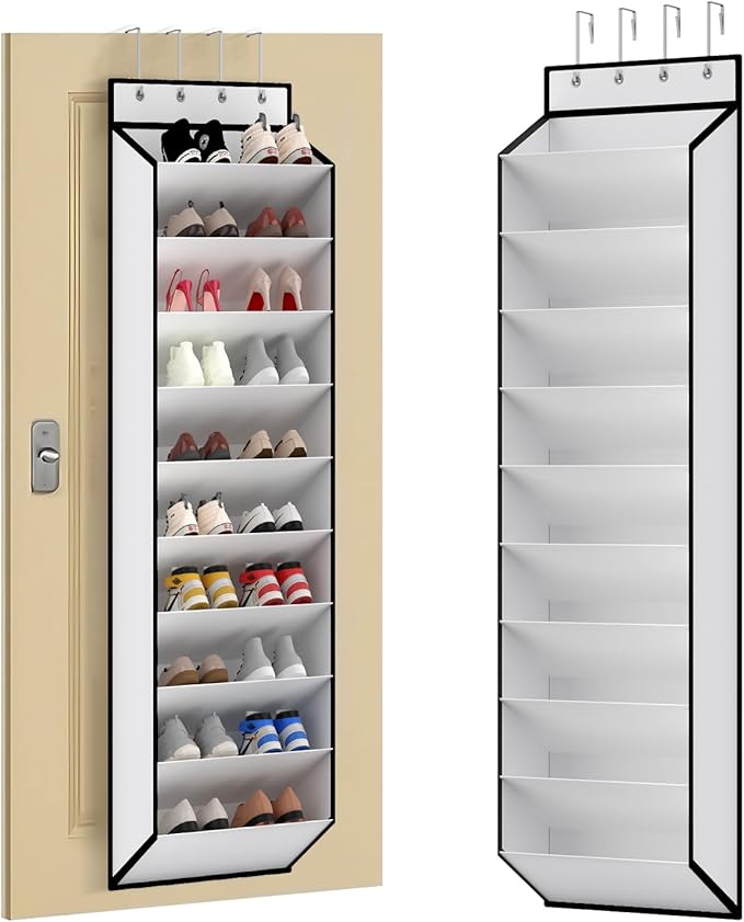 KEEPJOY 10 Tiers White Over Door Shoe Organizer Storage, Hanging Shoe Holder for Door with Large Deep Pockets, Fit 20-30 Pairs Shoe Rack for Sneakers, Boots. (White)