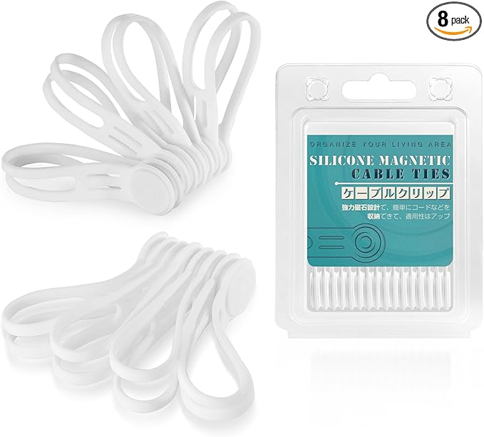 Reusable Silicone Magnetic Cord Ties - Kanemc 4.72 Inch Upgraded Twist Ties Cable Holder Cord Management, Idea For Bookmark, Fridge Magnet, Keychain, Magnetic Hat Clip For Travel (8 Pack, White)