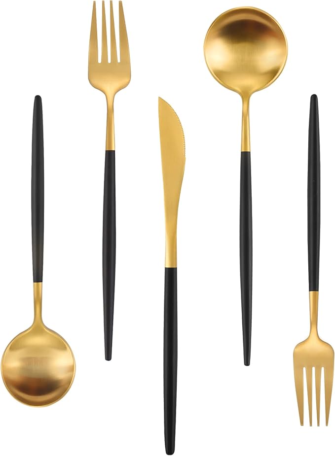 Matte Gold Silverware Set With Black Handle, IBIILII JEFF 20 Pieces Stainless Steel Flatware Set For 4，Kitchen Utensil Set, Tableware Cutlery Set, Knife Spoons And Forks Set, Dishwasher Safe