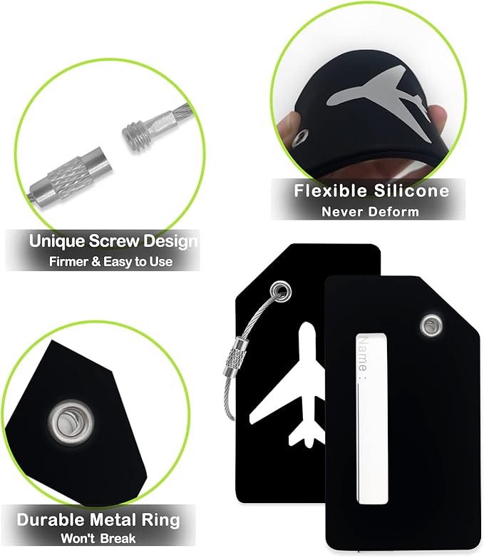 Luggage Tag 8 Pcak - Travel Essentials Accessories for Suitcases Quickly Identify, Travel Tags for Luggage, Backpacks, Bags, Baggage, Cruise Suitcases - Flexible & Bright Silicone (Black