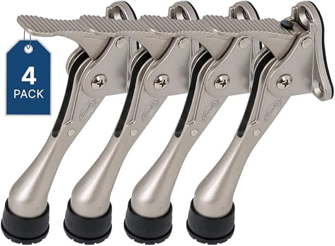 One Touch Kickdown Door Stopper, Door Holder, Heavy Duty Door Stops, Bottom of Door, Height-Adjustable Rubber Tips by HASHI (Satin Nickel 4 inch x 4pack)