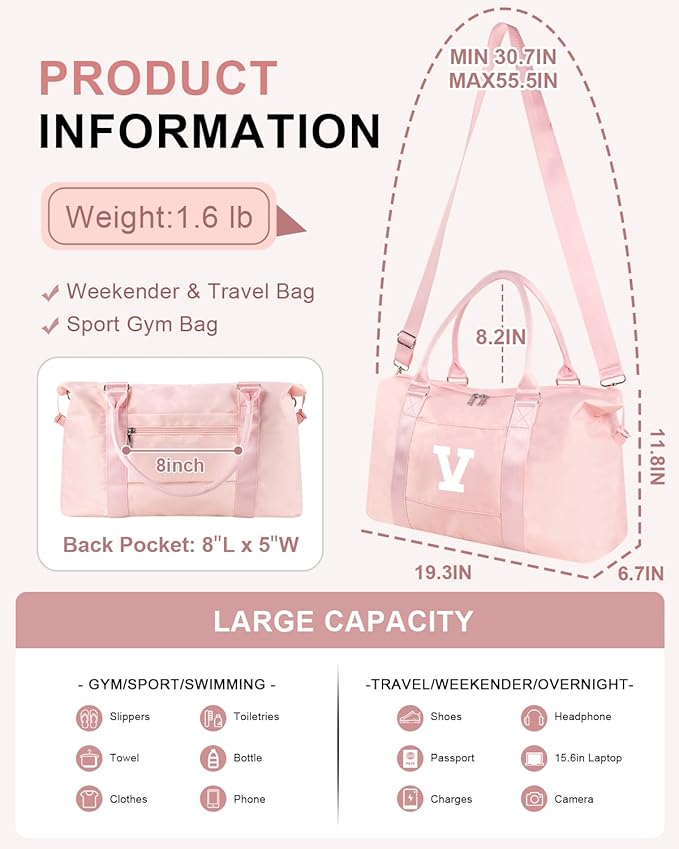 Initial Travel Duffel Bag Sports Gym Bag for Girls Teen Birthday Gifts,Pink Personalized Weekender Bag Carry On Tote Bags for Women Men,Waterproof Overnight Luggage Bag with Trolley Sleeve(Letter V)