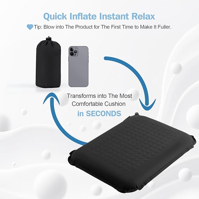 Self-Inflating Airplane Seat Cushion for Long Flights – Portable Travel Cushion Airplane Seat - Memory Foam Travel Seat Cushion Providing Pressure Relief and Premium Comfort (Black)