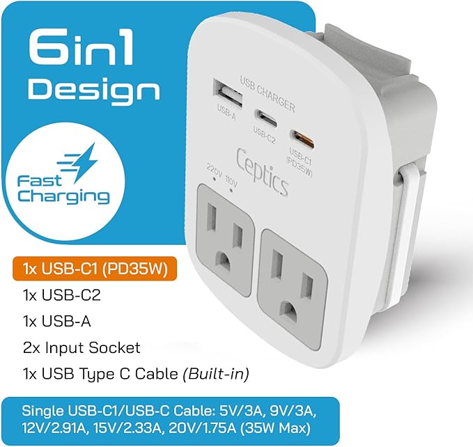 Ceptics Universal Travel Adapter Kit – 2 USA sockets, USB-A, USBC, 1x PD 35W USB-C and USBC Cable, Surge Protected, Plugs for EU, UK, China, AU, Japan - Use with Laptop, Phones, Cameras - ETL Tested