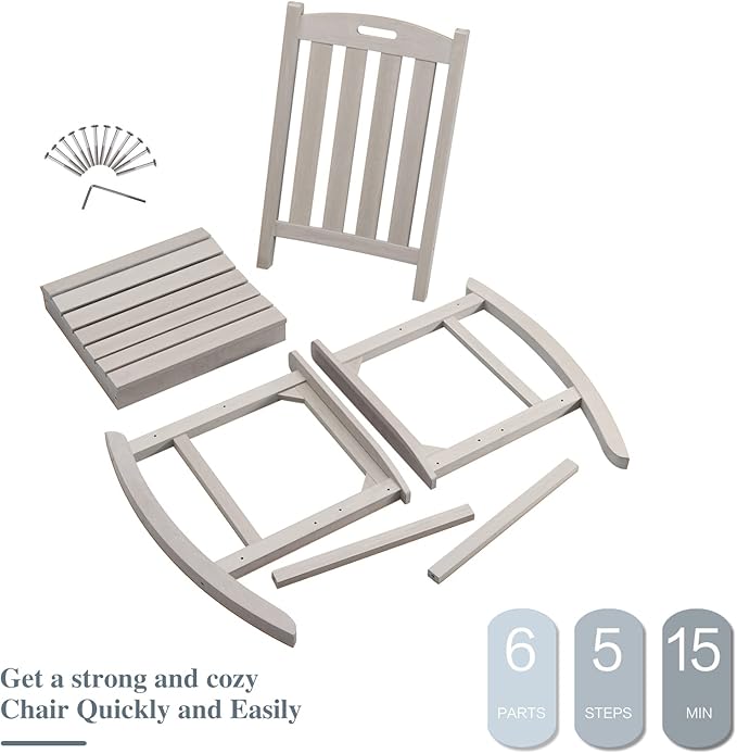 Psilvam Oversized Outdoor Rocking Chair, with 21" Wide Seat and 32" Tall Backrest, Pre-Assembled with Most Components for Effortless Installation (Gray)