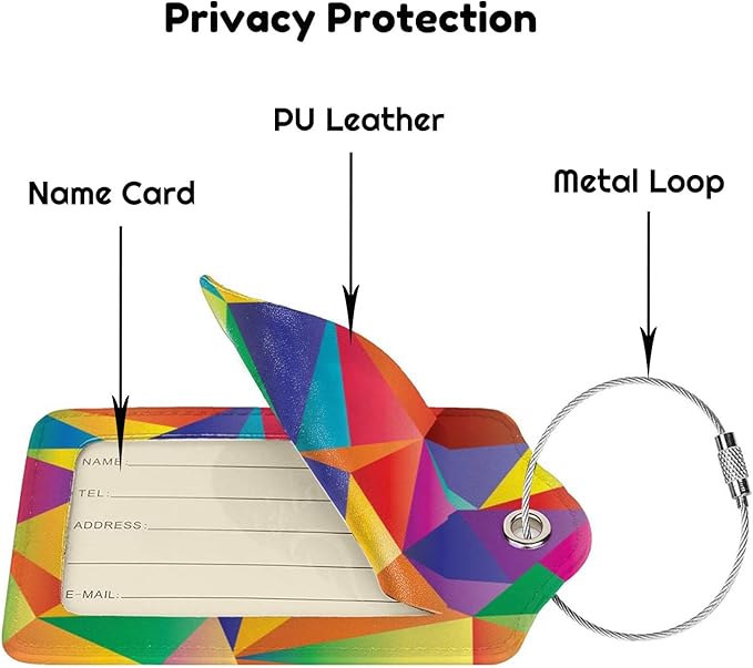 2 Pcs Luggage Tags for Suitcases Unique, Bright Rainbow Leather Baggage Tag with Colorful Geometric Pattern, Identifiers Tags with Privacy Name Address Labels & Durable Steel Loop for Women Men Travel