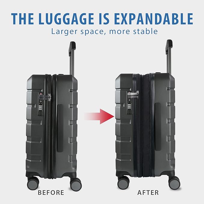 KROSER Hardside Expandable Carry On Luggage with Spinner Wheels & Built-in TSA Lock, Durable Suitcase Rolling Luggage with USB Port, Carry-On 20-Inch Steel Grey