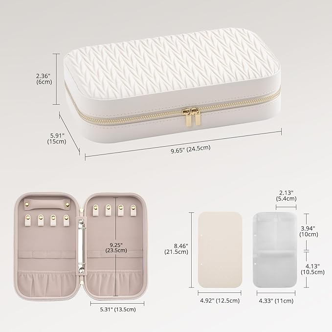 Lolalet Travel Jewelry Organizer, Jewelry Storage Case with Pocket, Earrings Necklaces Bracelets Ring Zippered Storage Pouch for Women -White