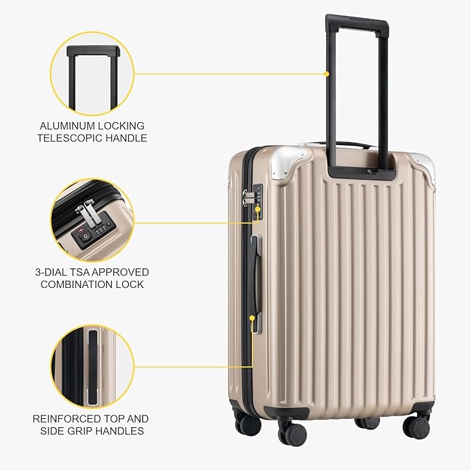 LEVEL8 Grace Carry on Luggage with Front Compartment, 20 Inch Expandable Hardside Suitcases with Wheels, Abs+Pc Harshell Spinner Luggages with Tsa Lock, Travel Bag for Women Men, Champagne