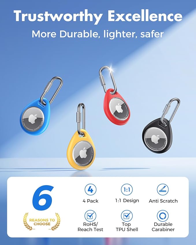 UNBREAKcable AirTag Holder for Apple - 4 Pack Air Tag Case [Professional Carabiner] [Waterproof] [Shockproof] TPU AirTag Keychain for Kids, Pets, Keys, Luggage, Backpacks
