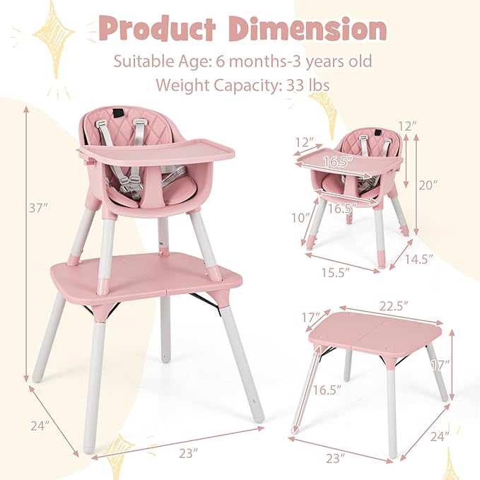 HONEY JOY 5-in-1 High Chair, Convertible Highchair for Babies and Toddlers/Kids Chair Table Set/Infant Feeding Chair w/Safety Harness, PU Leather Cushion & Removable Food Tray (Pink)