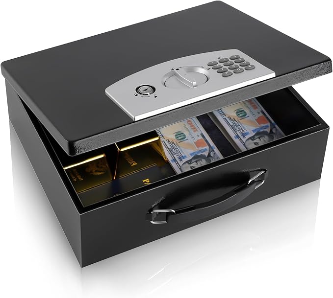 Dalmbox Portable Metal Safe Box with Digital Code Lock,Fire Resistant Storage for Documents, Fireproof Safe Box, Car, Home, Office and Outside, Black Box