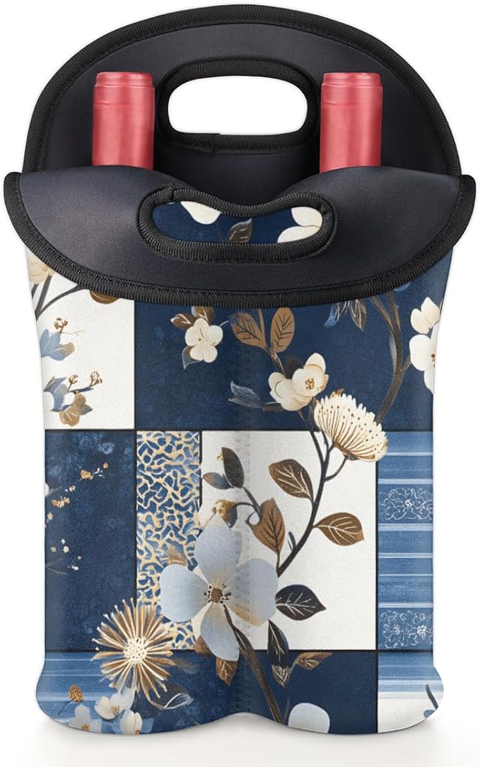 Neoprene Wine Tote, Bottle Carrier Gag Insulating Neoprene Thicker, Insulated Wine Bag for Travel Holds Two Bottles, Bottle Carrier Bags Protect the Bottles, Blue Flowers