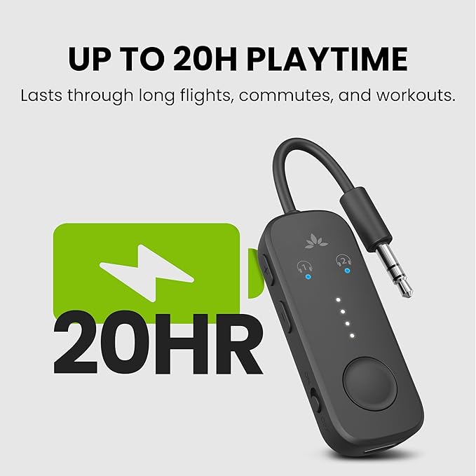 Avantree Relay - Airplane Bluetooth 5.3 Adapter with Qualcomm aptX Adaptive, Supports 2 AirPods or Headphones, 20Hr Playtime, 3.5mm AUX Wireless Audio Transmitter for Travel Flight, Airline, Gym