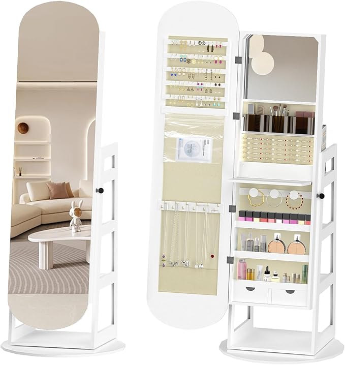 RQZ 8 LEDs Jewelry Cabinet Armoire Standing, 360° Swivel Jewelry Organizer, Lockable Jewelry Storage with Rounded Wide Full-Length Mirror, 4 Storage Shelves, Interior Mirror (61.4" H)