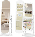 RQZ 8 LEDs Jewelry Cabinet Armoire Standing, 360° Swivel Jewelry Organizer, Lockable Jewelry Storage with Rounded Wide Full-Length Mirror, 4 Storage Shelves, Interior Mirror (61.4" H)