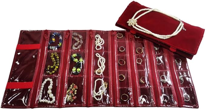 Travel Jewelry Roll Bag Portable Organizer Pouch With Grids&PVC Cover Storage Bags for Necklace, Bracelet, Bracelet,Ring, Badge, Pendant