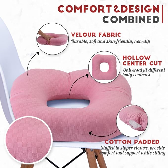 Stuffed Donut Pillow Seat Cushion | for Tailbone and Coccyx Pain, Hemorrhoids, Bed Sores, Pregnancy, Prostate, Surgery Recovery, Sitting Pressure Relief, for Home, Office and Car (Pink)