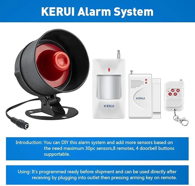 KERUI Home Security System Indoor Outdoor Weather-Proof Siren Window Door Sensors Motion Sensor Alarm with Remote Control More DIY, Wireless House Hotel Garage Shop Burglar Door Alarm, NO WIFI/GSM/APP
