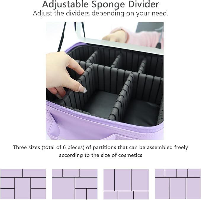 Makeup Bag with Led Mirror,Travel Makeup Organizer with 3 Color Setting & 10X Magnifying Mirror, Portable Storage and Adjustable Dividers Travel Makeup Bag-Purple