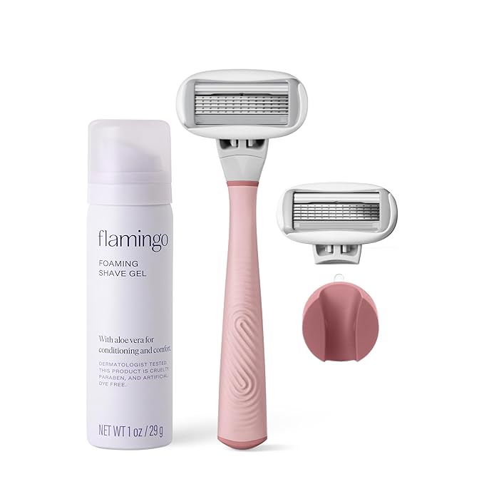 Flamingo Shaving Razor Set for Women - Razor Handle, 2 Razor Blade Refills, Foaming Shave Gel, and Shower Holder - Rose