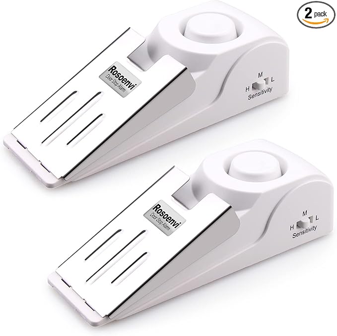 2 Pack Door Stop Alarm, Door Stopper with 120DB Security Alarm, Floor Wedge Door Stop Siren, Door Security Devices for Traveling, Apartment, Hotel and Home, White