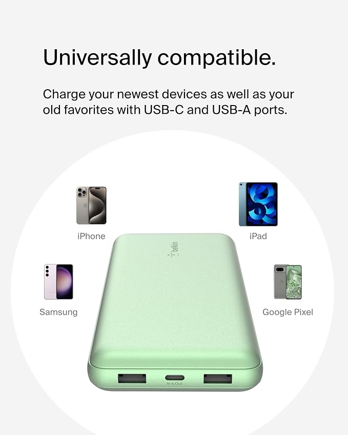 Belkin Portable Charger, USB-C Power Bank 20000 mAh w/ 2X USB-A Ports, 15W w/Type-A to Type-C Cable for iPhone 16, 15, Samsung Galaxy S25, iPad, Nintendo Switch 2, Google Pixel 10, etc. - Green