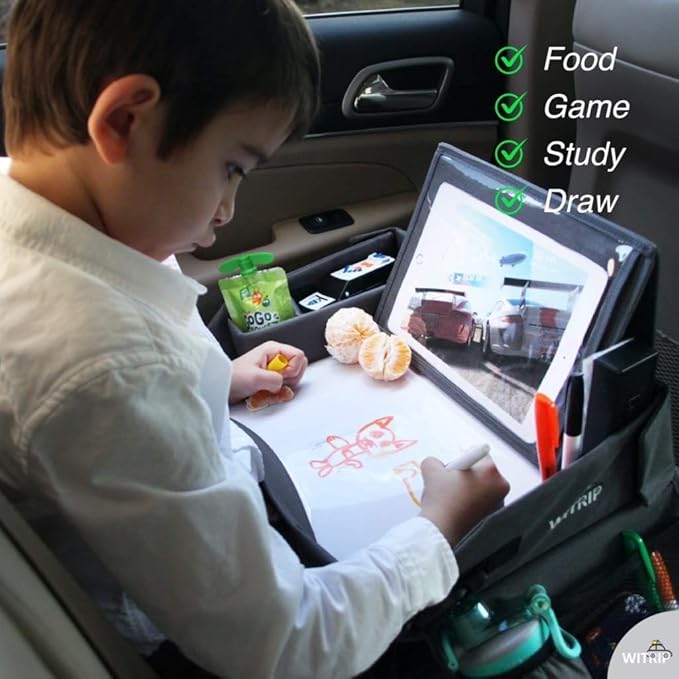 Kids Travel Tray with Dry Erase Board - Car Seat Tray for Kids Travel, Carseat Table Top for Toddler, Lap Desk for Car Seat, Activity Organizer & Snack Holder, Road Trip Essentials for Kid (Gray)