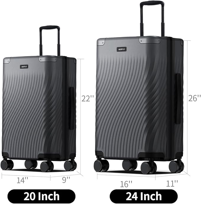 ECOHUB Hardside Expandable Carry On Luggage Sets, Recycled PC 20/24" Rolling Luggage Airline Approved with Spinner Wheels & TSA Lock, Lightweight Hardshell Travel Suitcase, 20+24 inch Carry-on Grey