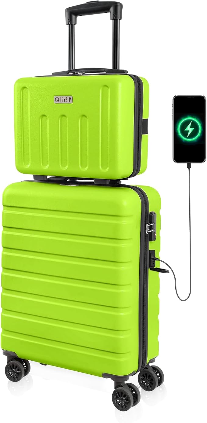 AnyZip 21" Carry On Luggage and 14" Mini Cosmetic Cases Luggage Set Hardside PC ABS Lightweight USB Suitcase with Wheels TSA (2-Piece Set (14/21),AppleGreen)
