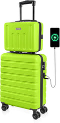AnyZip 21" Carry On Luggage and 14" Mini Cosmetic Cases Luggage Set Hardside PC ABS Lightweight USB Suitcase with Wheels TSA (2-Piece Set (14/21),AppleGreen)