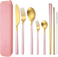 AARAINBOW 6 Pieces Stainless Steel Flatware Set Portable Reusable Cutlery Set Travel Utensils Set Including Chopsticks Knife Fork Spoon Straws Cleaning Brush Dishwasher Safe (B-Pink golden)