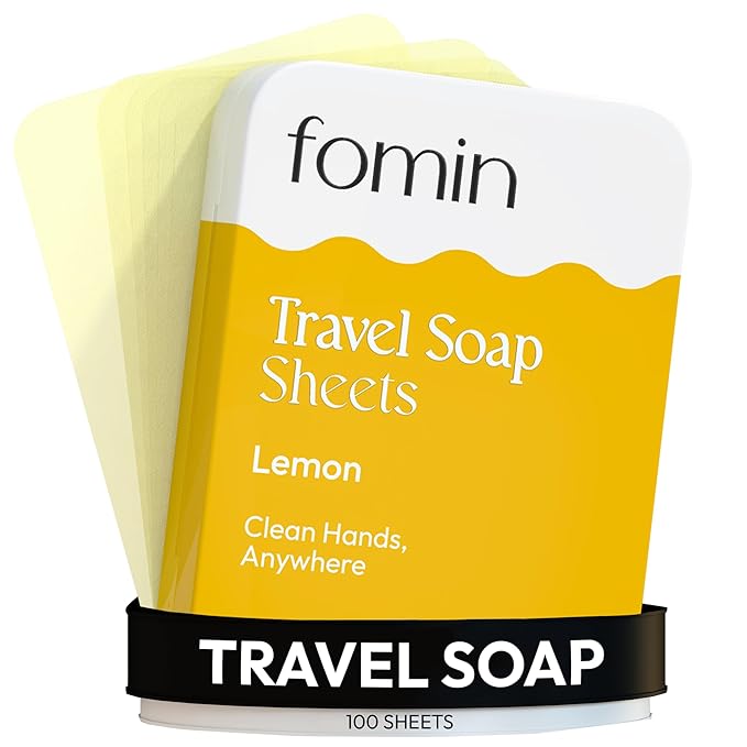 FOMIN - Antibacterial Paper Soap Sheets Tin for Traveling - (100 Sheets) Lemon Portable Travel Hand Soap Sheet, Dissolvable Mini Camping Hand Soap for Hand Washing