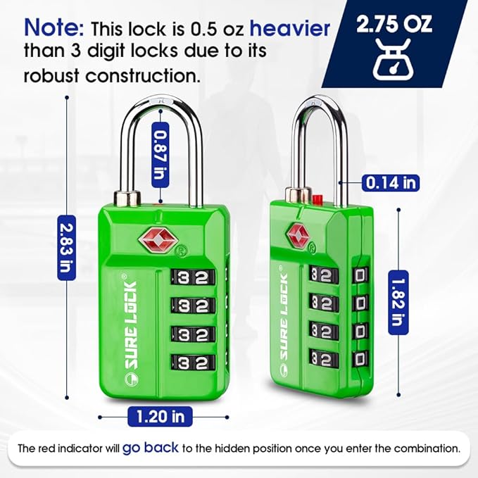 SURE LOCK TSA Approved 4-Digit Resettable Combination Luggage Locks with Open Alert, Easy-Read Dials - for Luggage, School Lockers, Gym, Office, Toolbox & Security Cases(Green 4 Pack)