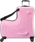 Ride on Hard Shell Kids Luggage with 4 Spinner Wheels for Girls and Boys, Rolling Childrens Travel Suitcase with Seat and Safety Belt for Toddler Ages 6-12, Checked size 25 Inch, Pink