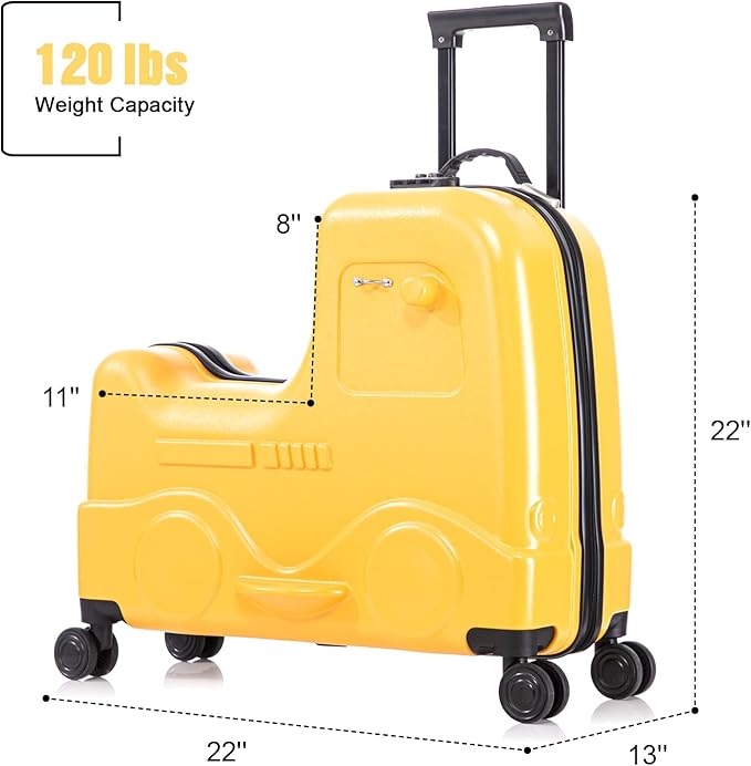 Apelila 22 inch Ride on Suitcase for Kids Travel Luggage Trolley Suitcase with Spinner Wheels Travel Luggage for Child with Combination Lock/Safety Belt/Telescoping Handle (Yellow)