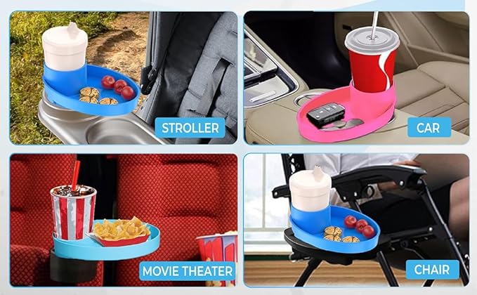 Complete Kids Travel Tray Kit - Easily Expands Cup Holder into 360° Cup & Travel Tray for Kids Car Seat, Booster, and Stroller - Toddler Road Trip Essentials Set Includes Coaster & Brush (Pink)