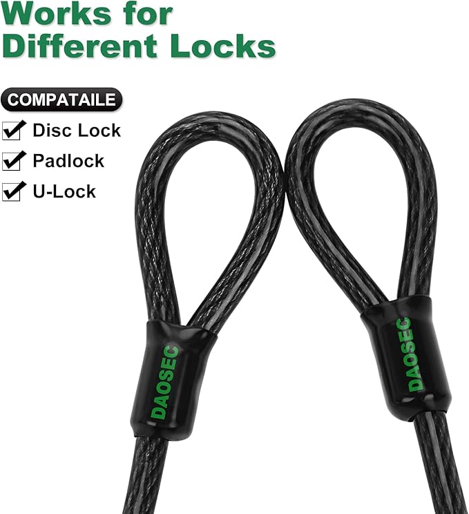 7 ft x 1/2" Heavy Duty Cut-Proof Security Cable | Flexible Vinyl-Coated Braided Steel with Looped Ends | Weatherproof Anti-Theft Locking Cable for Bikes, Gates, Kayaking & Outdoor Equipment