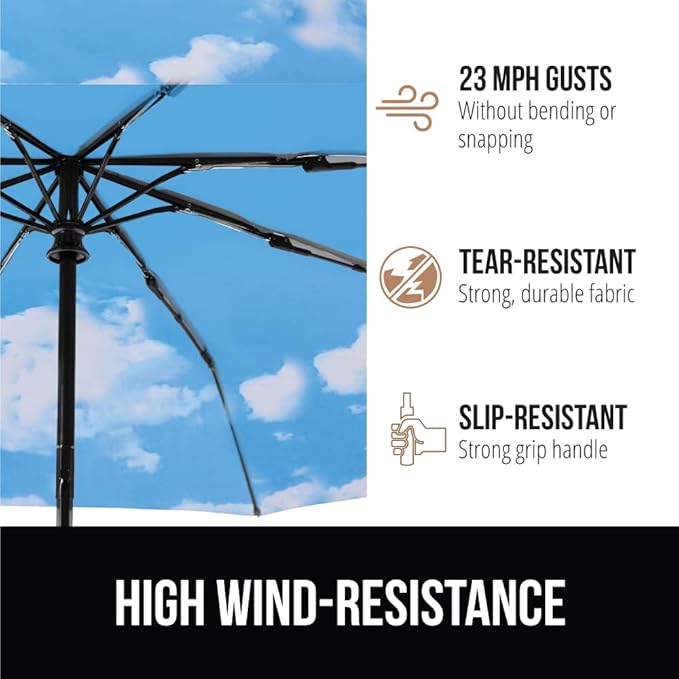 GORILLA GRIP Strong Stick Umbrella for Rain, Compact Travel One-Click Automatic Open Close, Lightweight, Portable, US Designed Reinforced Fiberglass Ribs, Wind Resistant, Easy Collapse, Sky Blue