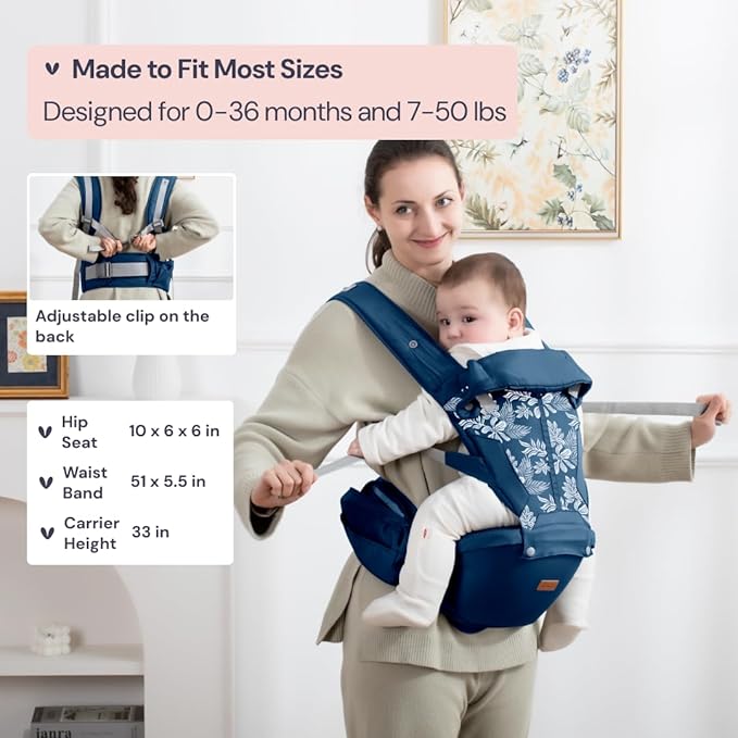 BabbleRoo Grow Carrier – 6-in-1 Baby Carrier with Hip Seat, Ergonomic, Cozy & Adjustable Toddler Carrier 7-50 lbs with Hip & Lumbar Support, Hood for Sun Protection, Newborn to Toddler, Denim Leaves