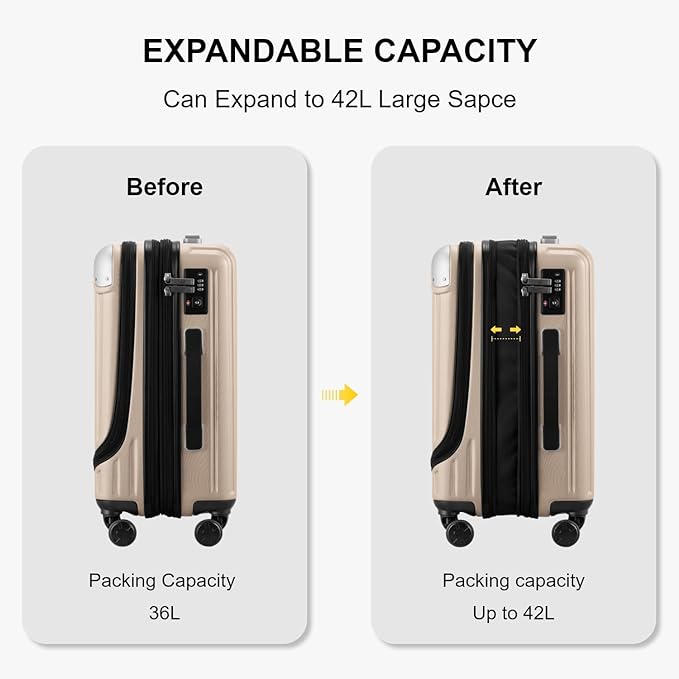 LEVEL8 Grace Carry on Luggage with Front Compartment, 20 Inch Expandable Hardside Suitcases with Wheels, Abs+Pc Harshell Spinner Luggages with Tsa Lock, Travel Bag for Women Men, Champagne