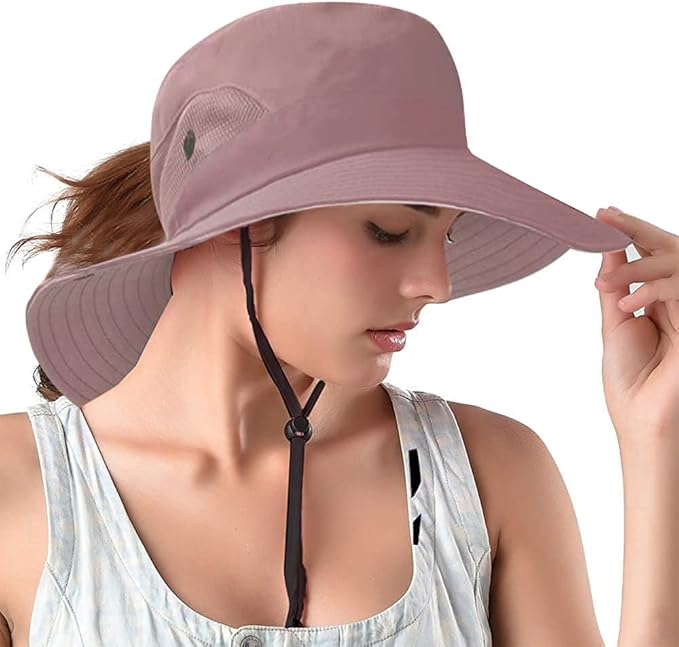 Rosoz Ponytail Sun Bucket Hats for Women UV Protection Foldable Mesh Wide Brim Hiking Beach Fishing Summer Safari