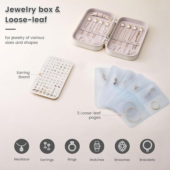 Lolalet Travel Jewelry Organizer, Jewelry Storage Case with Pocket, Earrings Necklaces Bracelets Ring Zippered Storage Pouch for Women -White