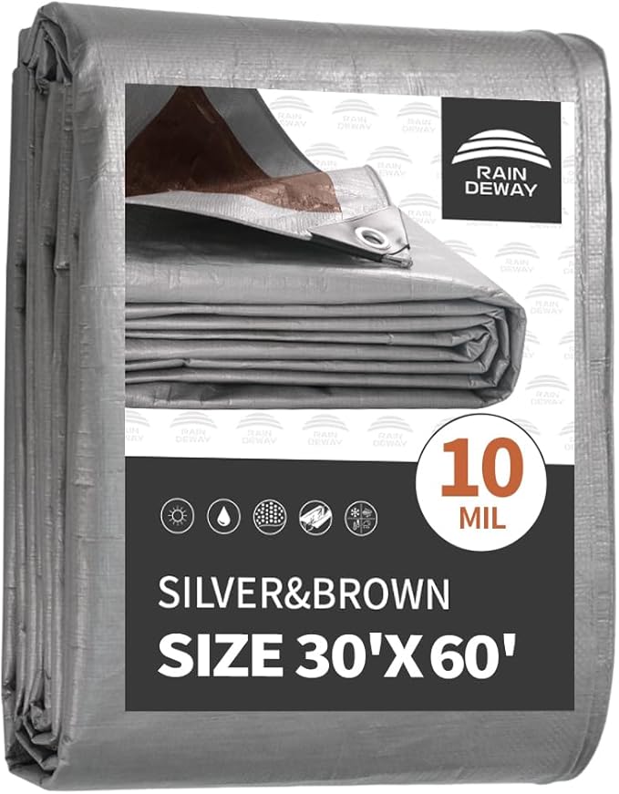 RAINDEWAY Tarps Heavy Duty Waterproof 30x60 Feet, 10 Mil Thick Multipurpose UV Resistance Large Tarp Cover with Metal Grommets and Reinforced Edges, Silver/Brown Tarp
