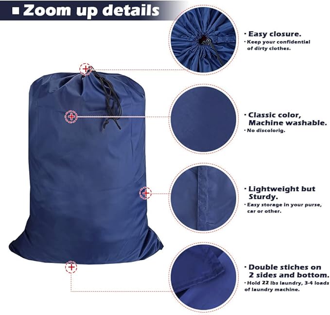 Washable Travel Laundry Bag with Drawstring (3 Pack), Large Dirty Clothes Bag Fit a Laundry Basket or Clothes Hamper, Enough to Hold 4 Loads of Laundry,26x39 inches Navy Blue 3